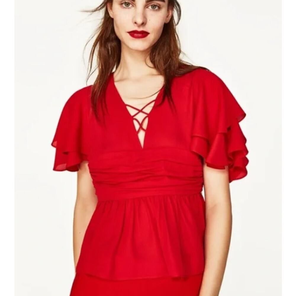 Zara Basic Blouse Women's XS Red Ruffle Sleeves Peplum V-Neck Cross Front Zip Up